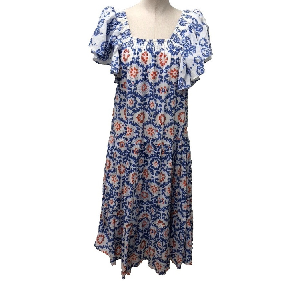 Ro's Garden Midi Tiered Dress Womens Small Blue Artsy Boho‎ Retro Indie Cottage
